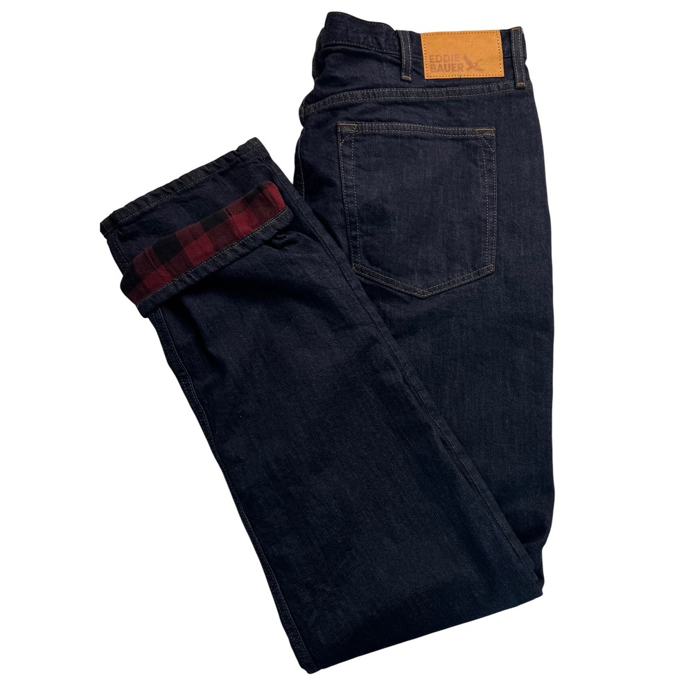 Eddie Bauer Mens H2Low Flex Flannel Lined Jeans 40x36 Deep Rinse Straight Leg